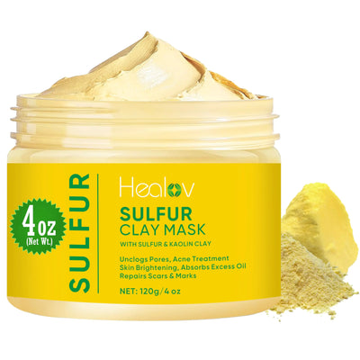 Healov Sulfur Face Mask – All Natural Sulfur Facial Clay Mask – Glowing Skin Mask For Acne Spots Oily Skin – Sulfur Acne Mask Absorbs Excess Oil and Unclogs Pores – Sulfur Mask Skincare