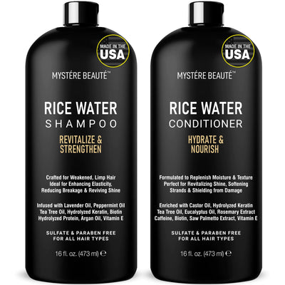 MYSTÉRE BEAUTÉ Rice Water Shampoo and Conditioner Set - Ultra-Nourishing Hair Care Set Promotes Growth Revitalizes Shine and Shields from Damage - Infused with Essential Oils - 16 fl oz Each